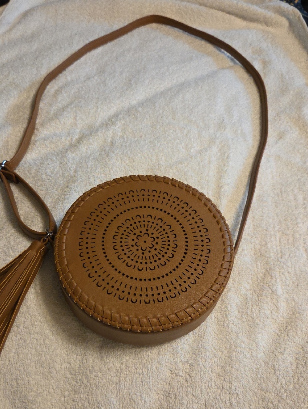Brown Round Crossbody Bag with Tassel. Never Used